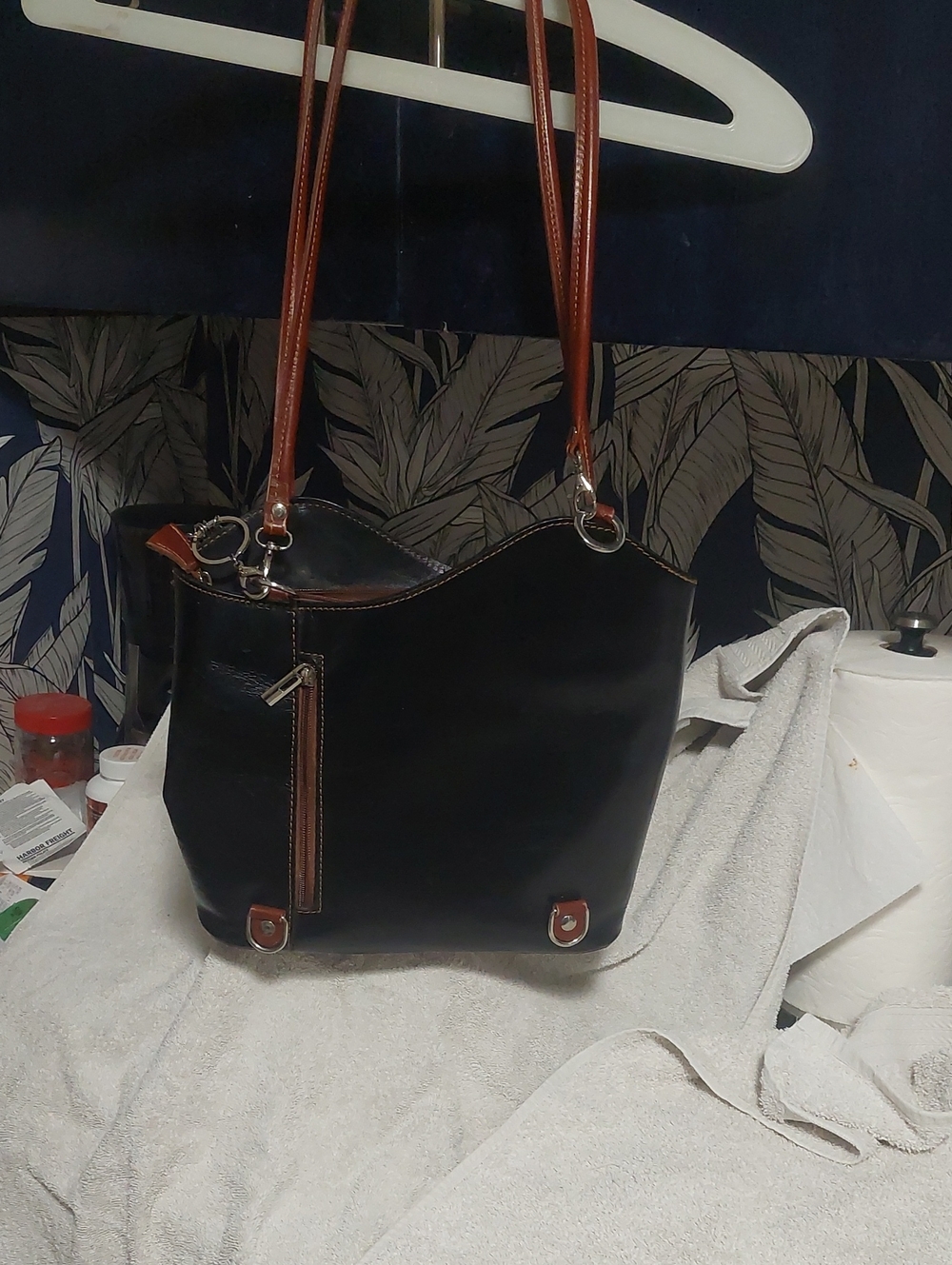 Italian Leather Black Shoulder Tote with Brown Trim - Women's Shoulder Bag